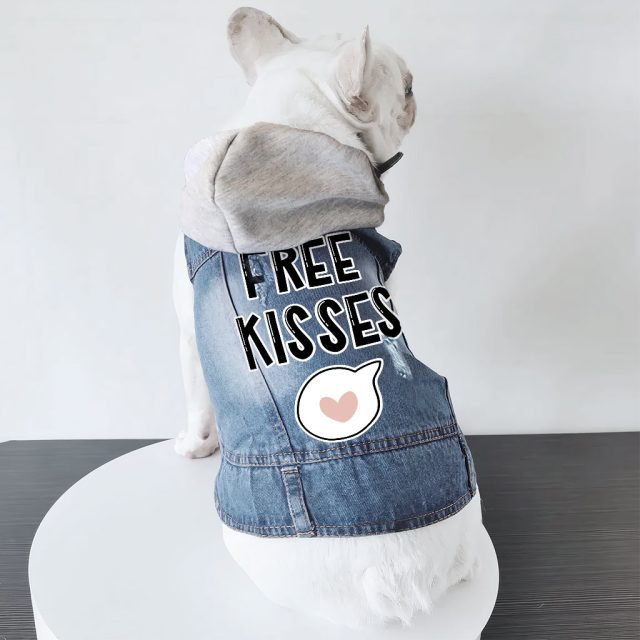 Free Kisses Dog Denim Jacket - Word Print Dog Denim Coat - Minimalist Dog Clothing - Image 6