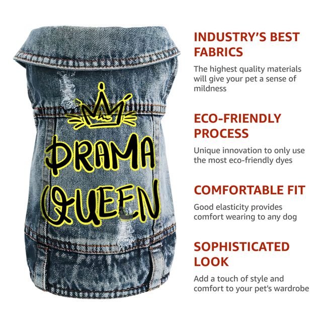 Drama Queen Dog Denim Vest - Funny Dog Denim Jacket - Themed Dog Clothing - Image 9