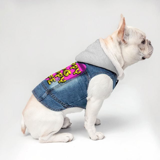 Happy Dog Happy Life Dog Denim Jacket - Phrase Dog Denim Coat - Art Print Dog Clothing - Image 4