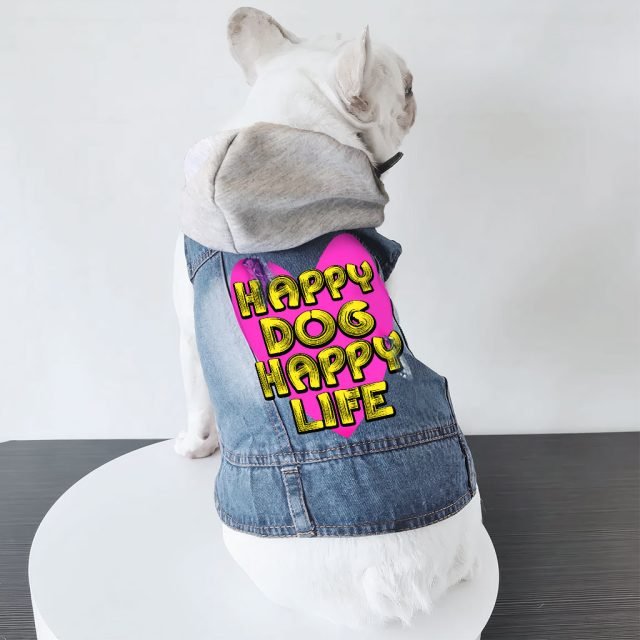 Happy Dog Happy Life Dog Denim Jacket - Phrase Dog Denim Coat - Art Print Dog Clothing - Image 6