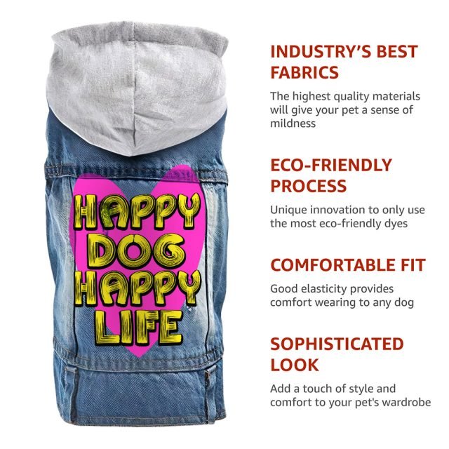 Happy Dog Happy Life Dog Denim Jacket - Phrase Dog Denim Coat - Art Print Dog Clothing - Image 8