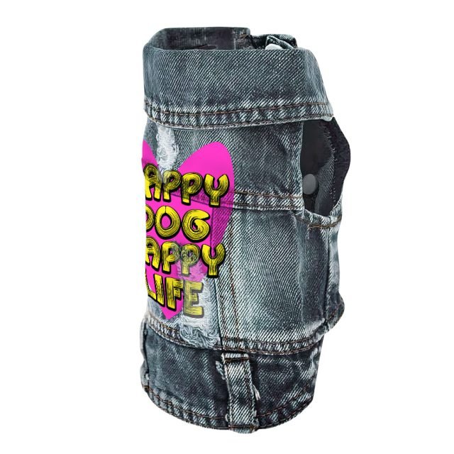 Happy Dog Happy Life Dog Denim Vest - Phrase Dog Denim Jacket - Art Print Dog Clothing - Image 3