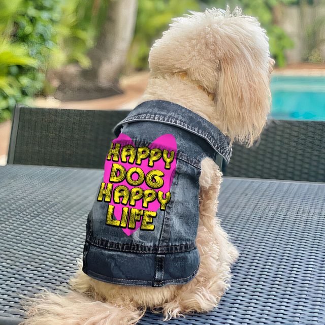 Happy Dog Happy Life Dog Denim Vest - Phrase Dog Denim Jacket - Art Print Dog Clothing - Image 6