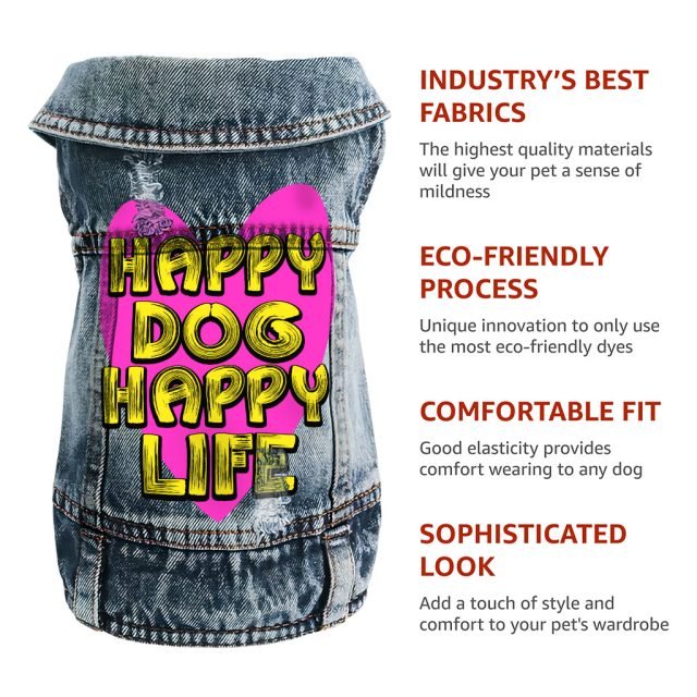 Happy Dog Happy Life Dog Denim Vest - Phrase Dog Denim Jacket - Art Print Dog Clothing - Image 9